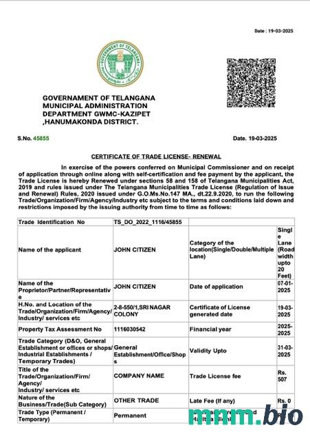 India Telangana vcertyfikat of trade license Word i szablon PDF